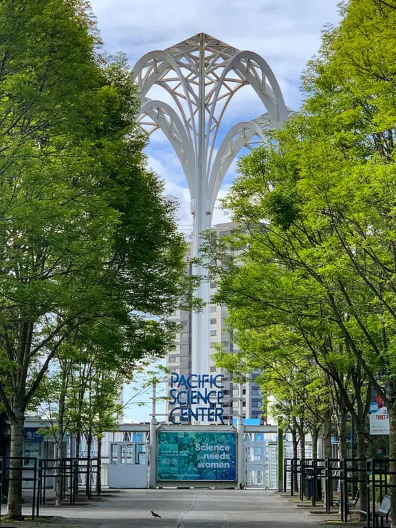 Seattle Center - Pacific Science Center, statue garden and Space Needle